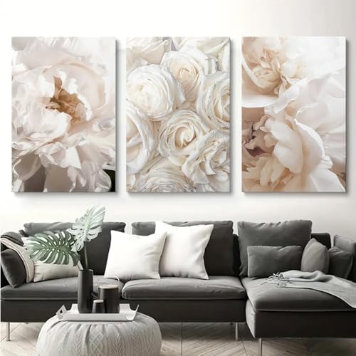 Vlolvfe White Rose Canvas Wall Art Peony Floral Painting Modern Flower Picture White Floral Poster Abstract Flower Prints Modern Peony Rose Picture for Living Room 16x24inx3 Wrapped Canvas - color: White Rose, size: 16x24inchx3pcs Framed
