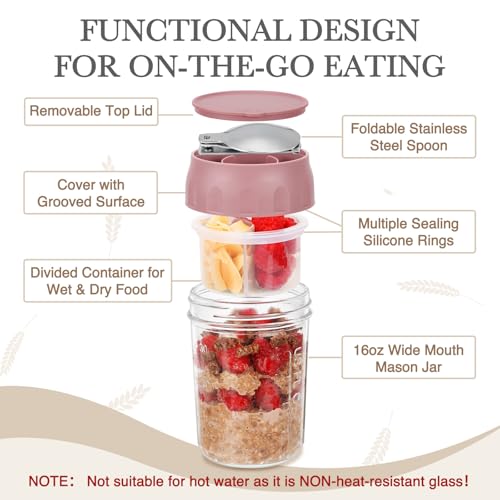 SOLIGT 2 Pack Overnight Oats Containers with Lids, Folding Spoons and Divided Compartments for Fruit & Nuts, Small Glass 16oz Mason Jars for Oatmeal Yogurt Parfait - color: 2 Set-Smoke Gray/Rose Pink
