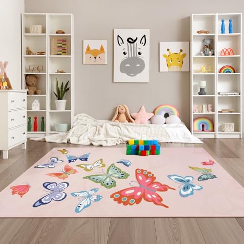 STARUIA Washable Pink Rugs for Girls Bedroom, 5x7 Soft Butterfly Rug Kids Rugs for Playroom, Non Slip Kids Carpet for Kids Room Daycare Tent Dorm Castle Indoor Decor - color: Pink2, size: 5x7