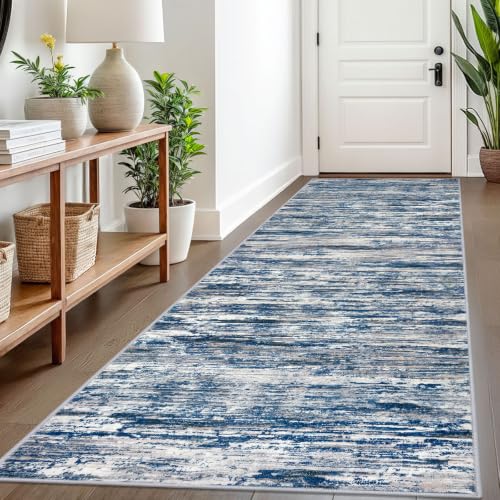 SIILOOM 3x8 Washable Runner Rug, Non Slip Soft Area Rug for Hallway Kitchen - color: Navy Blue/Gray/Neutral/Multi, size: 3' x 8' (Runner)