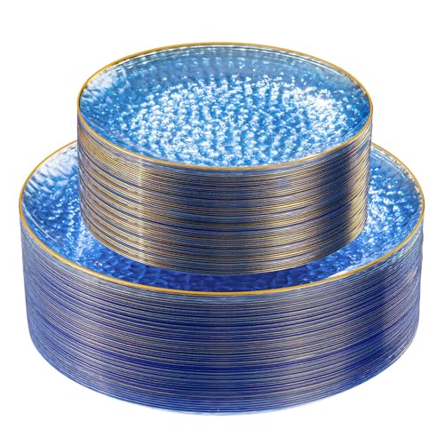 SUT 100Pcs Blue Plastic Plates, Hammered Plates Disposable Heavy Duty, Blue Disposable Plates With Gold Rim, Fancy Plastic plates Include 50 Dinner plate and 50 Dessert plates for Wedding - color: Bule, size: 100PCS
