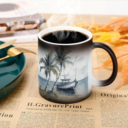 Palm Trees Fishing Boat Coffee Mug Heat Sensitive Discoloration Ceramic Cup Personalized Color Changing Coffee Cups Unique Cup Gift for Family Friends Birthday Aniversary