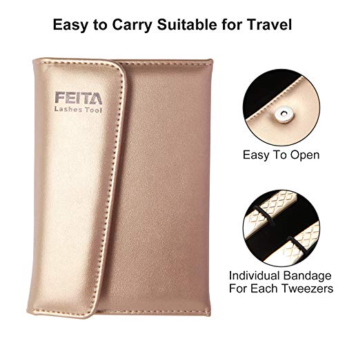 FEITA Eyelash Extension Tweezer Set Gold Lash Applicator Tool - Precision Lashes Diamond Grip Tweezers for 2D-6D Volume & Individual Eyelashes Extensions Supplies (6Pcs) - color: Gold Diamond-grip 6pcs