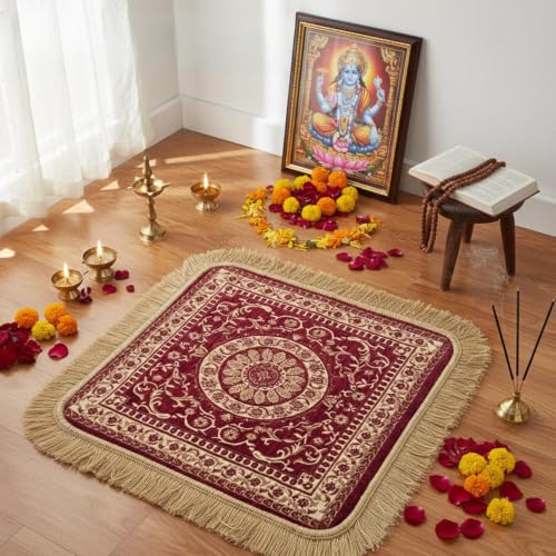 Soft Chenille Prayer Mat | 2x2 Feet Traditional Mandala Floral Pooja Aasan with Golden Fringes | Multipurpose Square Rug for Meditation, Yoga, Puja Room & Home (Pack of 4, Red) - color: Red, size: 2x2 Feet