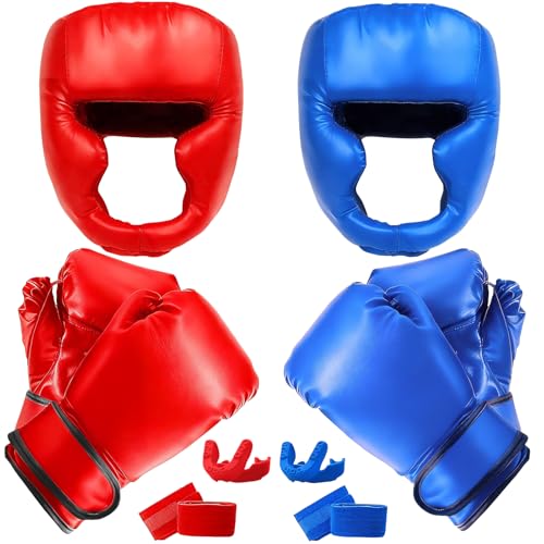 14 Pcs Boxing Set Boxing Equipment Set for Beginners Including 2 Pair of 6 oz Boxing Gloves Headgear Helmet Hand Wraps Mouth Guards Gifts Training Equipment - color: Red & Blue