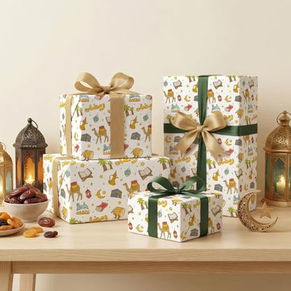 GIOLNIAY Ramadan Wrapping Paper - Eid Gift Wrap with Islamic Lanterns, Camels, Crescent Moon, Mosques and Arabic Ramadan Lettering - 4 Jumbo Sheets, 28" x 40" Each, Easy to Store