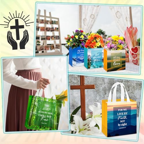 HunnmingRe 32 Pcs Christian Gift Bags Bulk,Reusable Scene Religious Bible Verse Tote with Handles Non Woven Scripture Pastor Blessing Gift for Baptism Church Wedding Favors - style: Scene