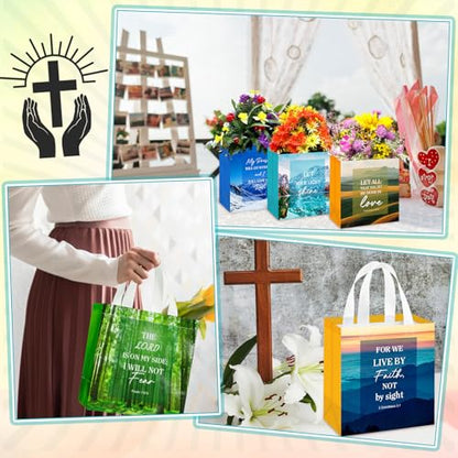 HunnmingRe 32 Pcs Christian Gift Bags Bulk,Reusable Scene Religious Bible Verse Tote with Handles Non Woven Scripture Pastor Blessing Gift for Baptism Church Wedding Favors - style: Scene