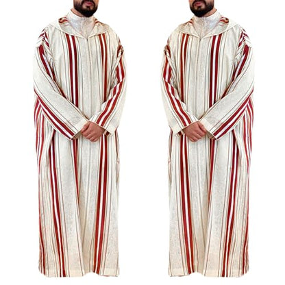 Thobe for Men,Arabic Clothing Men Djellaba Kaftan Middle East Caftan Casual Hooded Striped Robe Jubba Thobe - size: Large