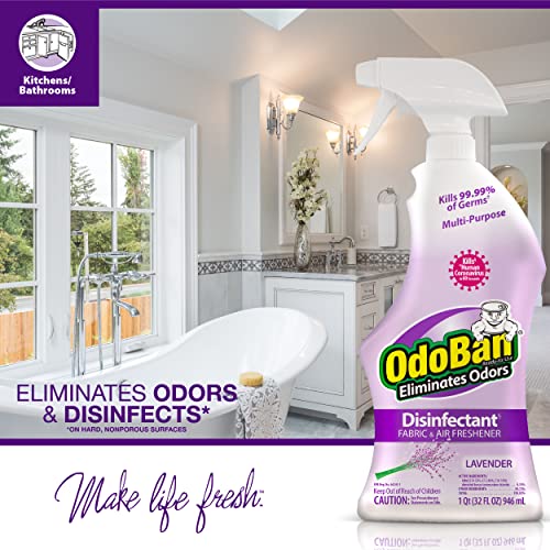 OdoBan Ready-to-Use Disinfectant and Harsh Aroma Eliminator, Cleaner and Fabric/Air Freshener, Set of 2, 14.6 Ounce 360-Degree Continuous Spray and 32 Ounce Trigger Spray, Lavender Scent - size: 23.3 Fl Oz (Pack of 2)