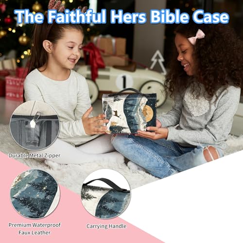 Bible Cover Case for Women, PU Leather Large Bible Cases with Zipper Fits Books Up to 12" x 9" x 2.76”, Bible Carrying Bag for Men, Mountain Deer - color: Mountain Deer