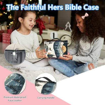 Bible Cover Case for Women, PU Leather Large Bible Cases with Zipper Fits Books Up to 12" x 9" x 2.76”, Bible Carrying Bag for Men, Mountain Deer - color: Mountain Deer