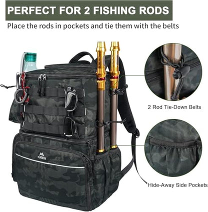 MATEIN Fishing Backpack, Tackle Storage Bag with Rod Holders & Cooler | Water Resistant Fishing Bag Fits 4 3600 Trays, Large Wide Open Tackle Box Backpack, Gifts for Fishermen - color: Camouflage - Large
