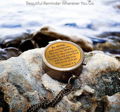 Be Strong and Courageous (Joshua 1:9) Brass Compass with wooden Box-Engraved Scripture Prayer Compass Religious Gift for Men & Women - Baptism, Confirmation, Communion Compass for Boys Graduation Gift - style: #2 Be Strong and Courageous Compass (Joshua 1