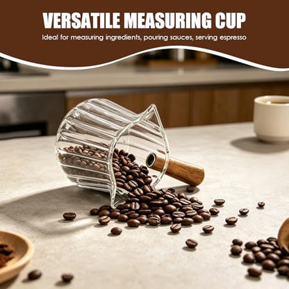 Adorever Espresso Cups 6 OZ, Double Spout Espresso Shot Glass with Wooden Handle, Clear Glass Measuring Cup for Espresso Shots & Milk, Espresso Accessories for Coffee Machine