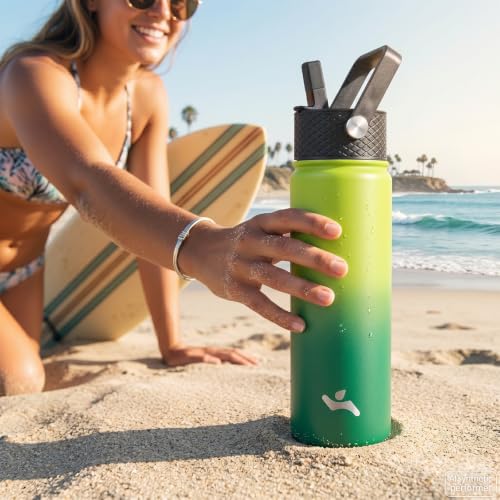 Konokyo 32 oz Insulated Water Bottle Stainless Steel Sport Bottles with 3 Lids,Bamboo Grove - color: Bamboo Grove, size: 32 Ounces