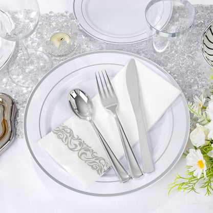 Supernal 400pcs Silver Plastic Dinnerware Set Heavy Duty Disposable Plates Include Silver Plastic Dessert Plates,50 Spoons & Knives & Cups & Napkins & 100 Forks,Prfect For Party and Wedding - color: 400pcs White and Silver Plastic Dinnerware
