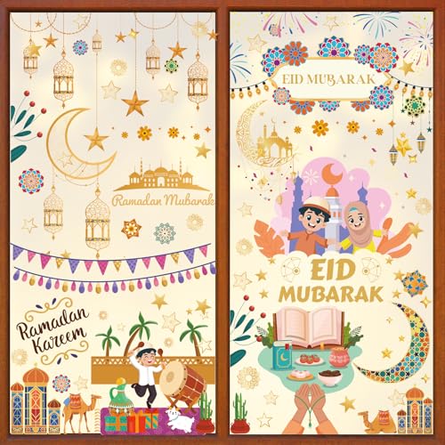 AhfuLife Eid Mubarak Window Clings, 195 PCS Eid Ramadan Kareem Window Stickers, Eid Mubarak Decorations for Home, School Party Decoration Supplies