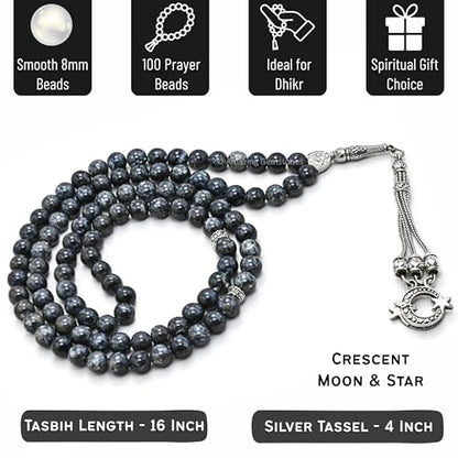 Amazing Gemstone Larvikite Tasbeeh with Moon and Star Charm - Certified Crystal Muslim Prayer Beads Natural Gemstone Tasbih Gift for Ramadan Dhikr and Daily Namaz (S) - color: Larvikite