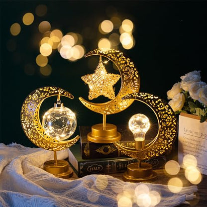 Tujoe 3 Pcs Ramadan Decorations for Home Rustic Moon Lamp Ramadan Star Moon Metal Lights Battery Operated LED Crescent Light Eid Decorations for Home Bedroom Table Ramadan Eid Mubarak Party Decor