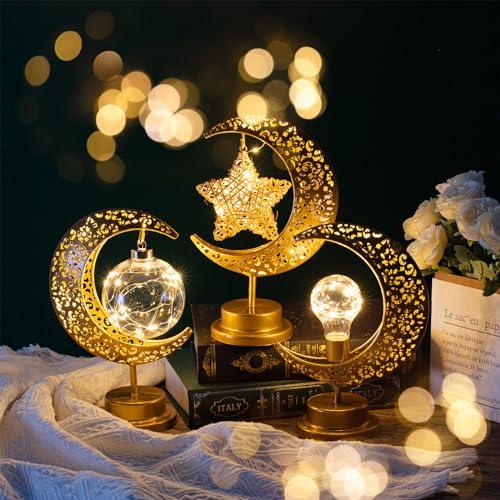 Tujoe 3 Pcs Ramadan Decorations for Home Rustic Moon Lamp Ramadan Star Moon Metal Lights Battery Operated LED Crescent Light Eid Decorations for Home Bedroom Table Ramadan Eid Mubarak Party Decor