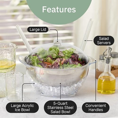 Useful Co. Chilled Serving Bowl, Salad Bowl with Ice Chiller Base and Lid - size: 5 quarts