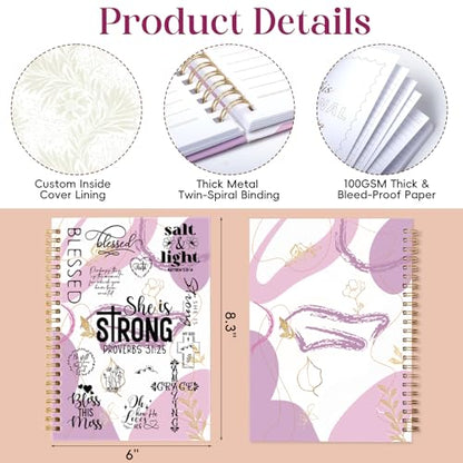 XKDOUS Hardcover Spiral Notebook with Tabs and Bible Tracker, College Ruled Notebook Journal, Church Notes Journal for Women, Bible Journal, Blank Notebooks for Work School Note taking, Purple - color: Purple