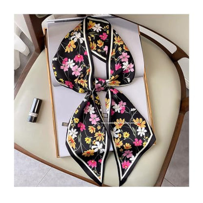 Silk Feeling Head Scarf Fashion Satin Hair Scarf Square Long Scarves for Women Gifts - color: 02 Black Flower 5.12 X 59 Inch