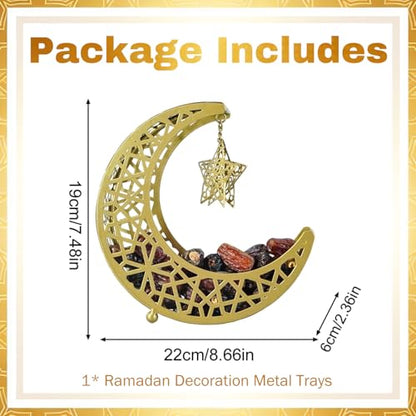 Ramadan Decoration Ramadan Trays, Metal Eid Mubarak Plates Moon Star Serving Trays Food Storage Containers Dinner Plate Dessert Platters Crescent Display Tray Holder for Eid Party Favor
