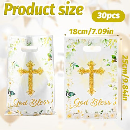 LERCTH 30 PCS God Bless Gift Bags, 6.5x9.8inches Cross & Floral Design Plastic Treat Bags with Handles, Religious Party Favor Bags for Baptism, First Communion, Confirmation & Christian Celebration Supplies - color: God bless gift bags 30 packs