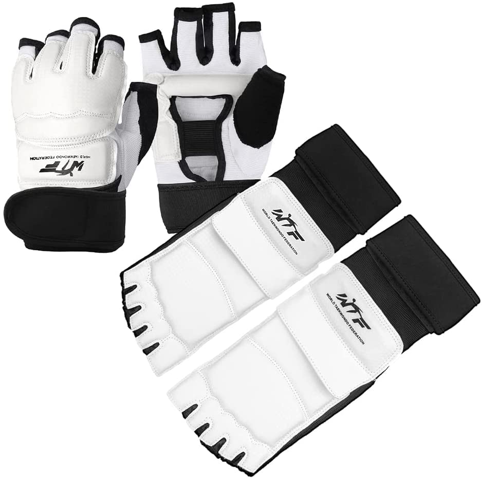 Taekwondo Karate Gloves & Sparring Gear Foot Protector Set, Boxing Sparring Foot Guard and Half-Finger Gloves for Martial Arts TKD Kung Fu Punch Bag Kickboxing MMA Training - size: Large
