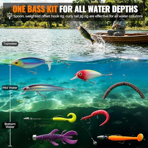PLUSINNO Bass Fishing Lures Tackle Box Gear Kit with Tackle Included | Waterproof, Compact & Customizable, Bass Trout Fishing Gear Kit, Freshwater Topwater, 16 Rigs, Fishing Gifts for Men Starter - color: Orange 307 PCS Bass Box