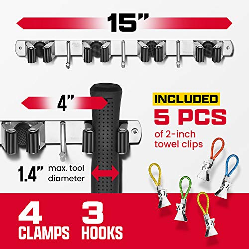 2 Pack Wall Mount Hanger for Brooms & Mops - Adhesive Stainless Steel Mop Hanger for Wall, 4 Clamps, 3 Hooks, 10 Towel Hanger Clips Including Mounting Hardware for Tools Organization - style: 2-Pack