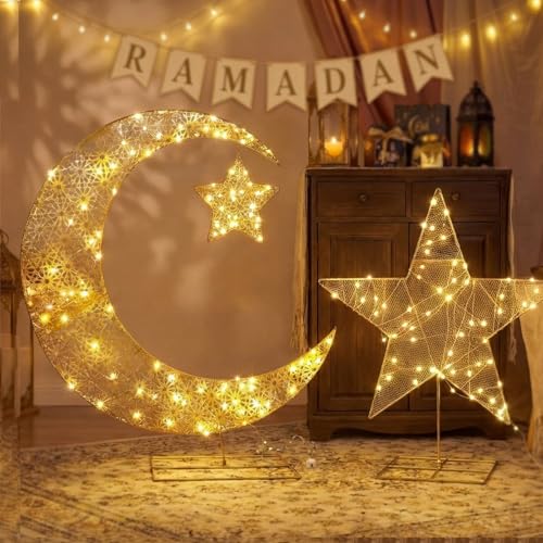 Glooglitter 2.6 ft Pre-lit Eid Mubarak Ramadan Decoration for Moon Star Light Festival Home Decorations Outdoor Lighted Night Lamp Sign with LED Light String for Home Yard Lawn Garden Pathway - color: Hanging Moon