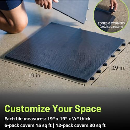 Baselayer Performance Series Interlocking Floor Tiles - Durable ½ in TPE (Rubber Like, NOT Foam, no Odor) - Gym Flooring for Weights & Heavy Equipment - Black, 30 SqFt (12 Pack) - Made in USA