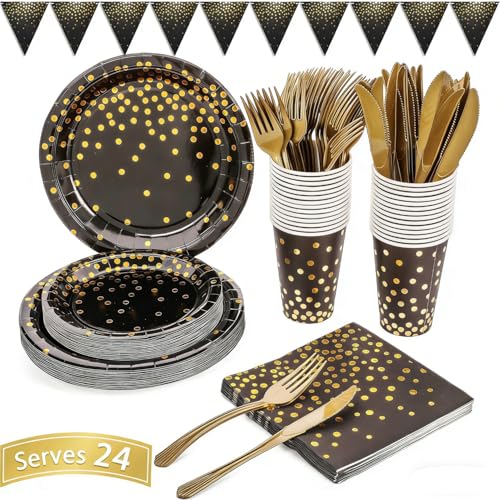Black and Gold Party Supplies 145PCS Party Dinnerware Decoration Paper Plates, Napkins, Knives, Forks, Cups, Banner, for 2026 New Year Eve, Birthday, Celebrations, Serves 24 - color: Black Gold (Serves 24)