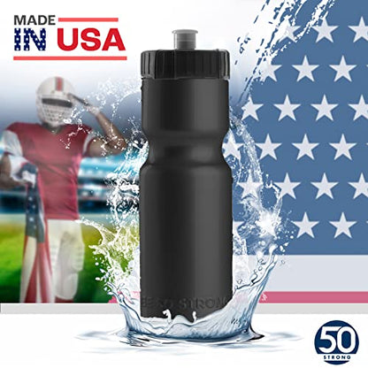 50 Strong Sports Water Bottles – Reusable 22 oz BPA-Free Plastic Bottles with Pull Top Cap – Made in USA – Top Rack Dishwasher Safe – Fits Most Bike Cages Brand - color: Black, style: 6 Pack