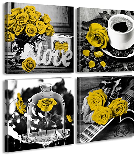 DJSYLIFE Yellow Rose Canvas Wall Art Set of 4 for Living Room 12x12 Inch - color: yellow-02, size: 12"L x 12"W x 4 Pieces