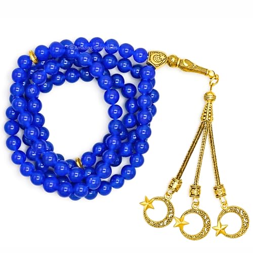 Amazing Gemstone Crystal Tasbeeh with Moon and Star Charm - Certified Crystal Muslim Prayer Beads Natural Gemstone Tasbih Gift for Ramadan Dhikr and Daily Namaz (G) - color: Blue Jade