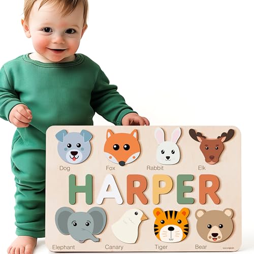 Zuzu Wooden Personalized Puzzle with Name and Animals | First Birthday Gift | Heirloom Keepsake | Educational and Fun Toy for Toddlers - color: Animals