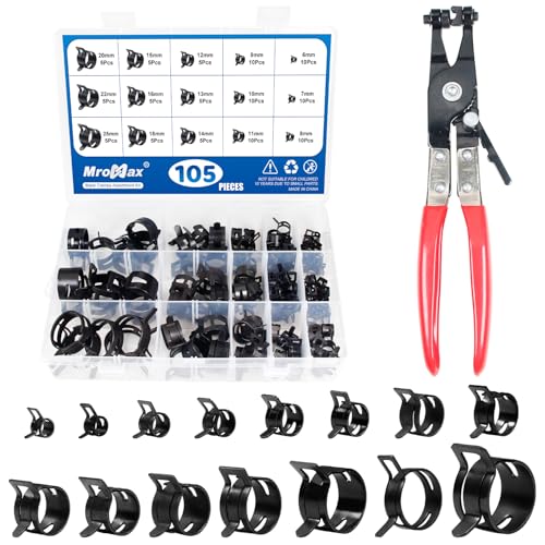 105Pcs 6-25mm Spring Hose Clamp Assortment Kit with Hose Clamp Pliers | 15 Sizes Spring Hose Clip Fuel Line Silicone Vacuum Hose Pipe Clamp, Air Hose Tube Water Pipe Fasteners - size: 6-25mm