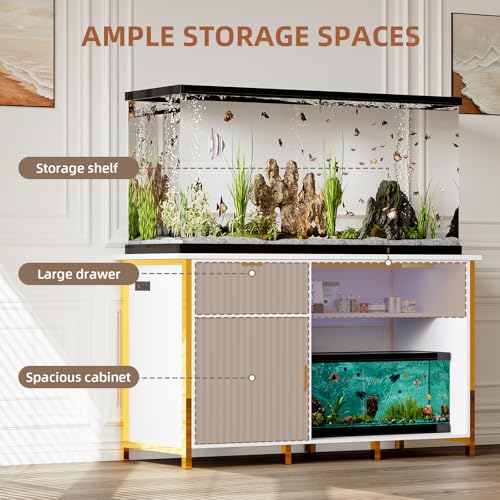 55-75 Gallon Fish Tank Stand with Power Outlets, LED Light, Vertical Lines, Heavy Duty Aquarium Stand with Cabinet for Fish Tank Accessories Storage, Turtle Tank, Reptile Terrarium, 1100LBS, White - color: White and Gold