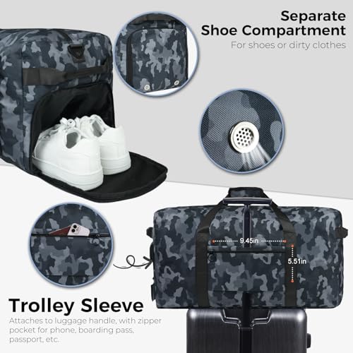 Fmeida 65L Duffle Bag with Shoes Compartment, Foldable Travel Duffel Bags for Men Women, Large Packable Travel Bag Water Repellent & Tear Resistant (BlackCamo) - color: Glossy BlackCamo