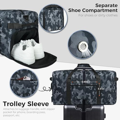Fmeida 65L Duffle Bag with Shoes Compartment, Foldable Travel Duffel Bags for Men Women, Large Packable Travel Bag Water Repellent & Tear Resistant (BlackCamo) - color: Glossy BlackCamo