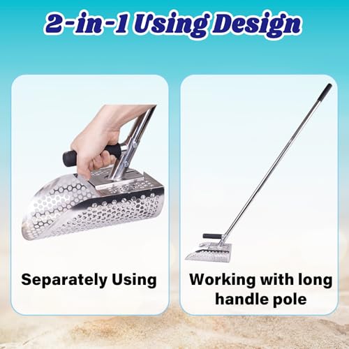 Sand Scoop for Metal Detecting, Heavy Duty Stainless Steel Sand Scoop with Long Handle,Includes 1* Folding Shovel,One Pair of Gloves