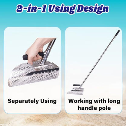 Sand Scoop for Metal Detecting, Heavy Duty Stainless Steel Sand Scoop with Long Handle,Includes 1* Folding Shovel,One Pair of Gloves