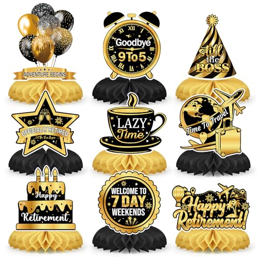 9 Pcs Retirement Party Decorations Honeycomb Centerpieces, Black Gold Happy Retirement Table Decorations, Funny Officially Retired Table Toppers for Men Women Party Supplies - color: Retired.black