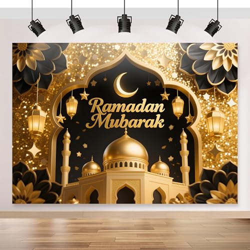 Ramadan Mubarak Backdrop 70.8x43.3 inch, for Muslim Ramadan Kareem Party Decorations, Eid Mubarak Sign Photo Booth for Home Muslim Eid Al Fitr Party - color: Gold