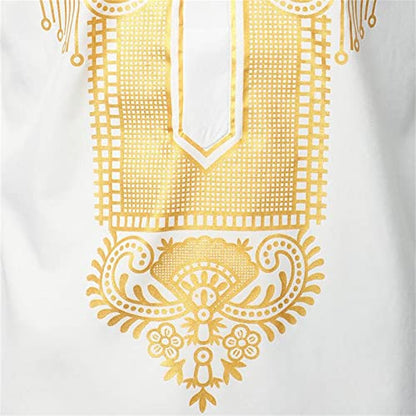 Kurta for Men Muslim Kaftan Button Up Henley Shirts Casual Ethnic Printed Long Sleeve Thobe Caftans Robes - color: White, size: XX-Large