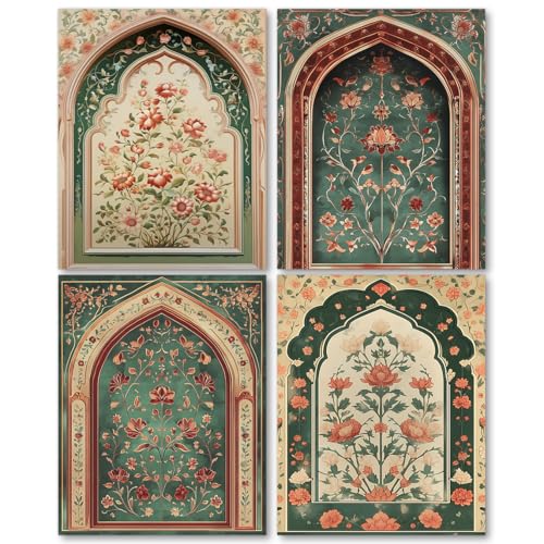 laveliabel Vintage Mughal Floral Wall Art Prints Set of 4 Unframed, Islamic Flower Wall Art, Retro Indian Botanical Floral Poster Prints for Home Bedroom Living Room Wall Decor 8x10inches